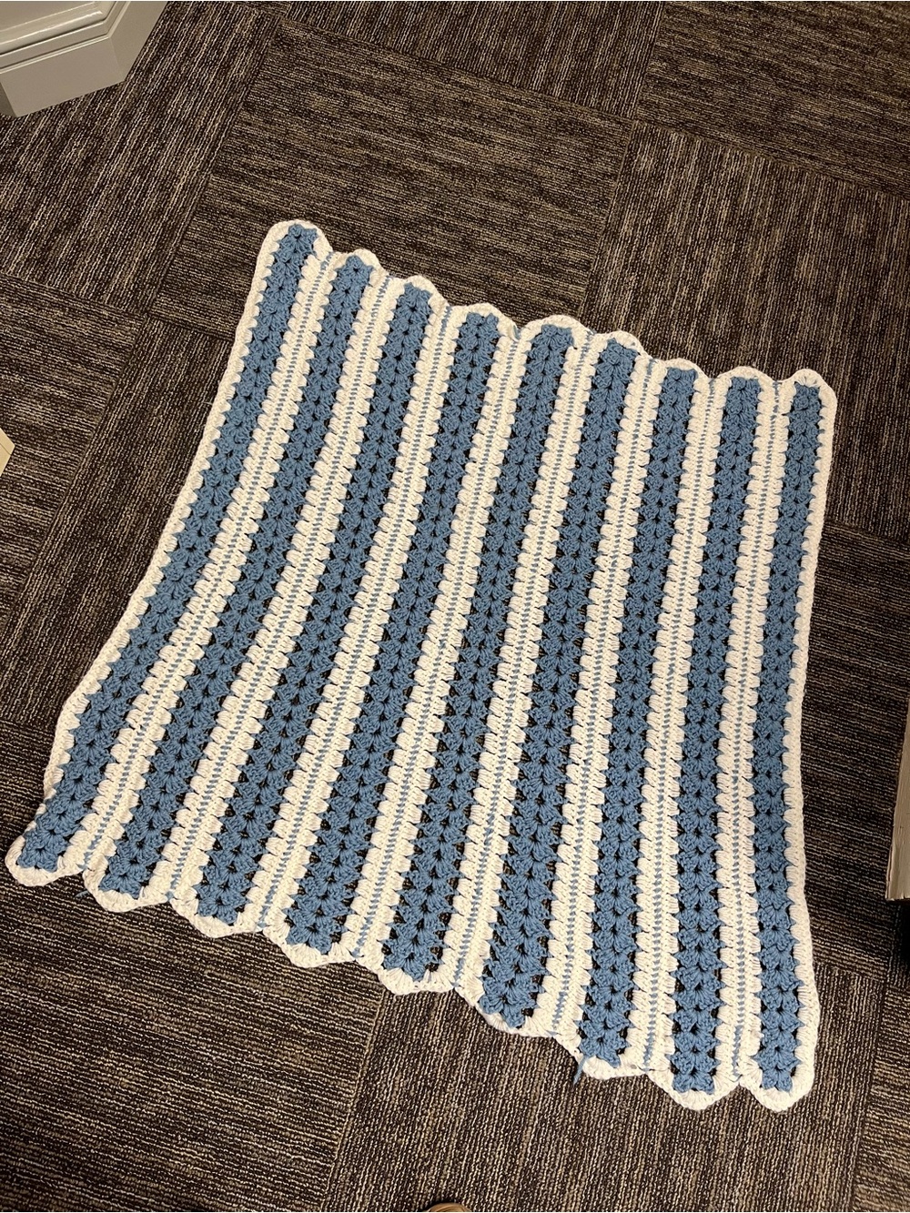 Handmade Blue and White Striped Crochet Blanket